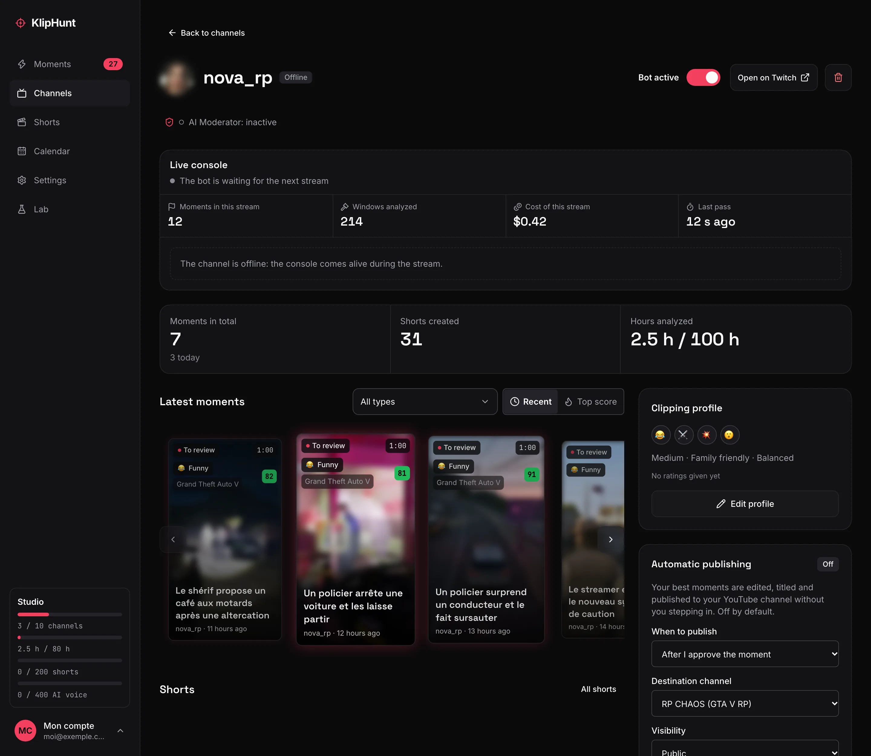 Screenshot of a channel page: live console, channel totals, latest moments, clipping profile and auto-posting setting.
