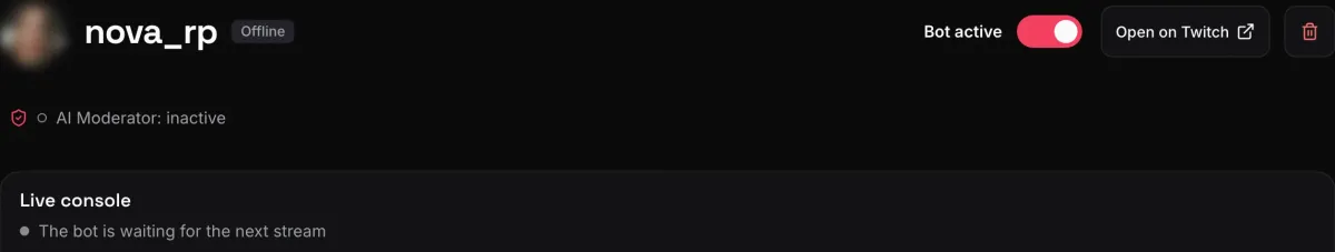 Actual screenshot of a monitored channel: bot on, live console waiting for the next stream.