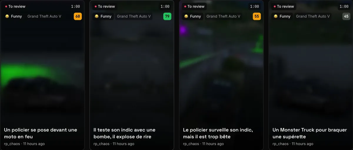 Actual screenshot of the Moments screen: four GTA RP moments to review, each with its type, score and title.