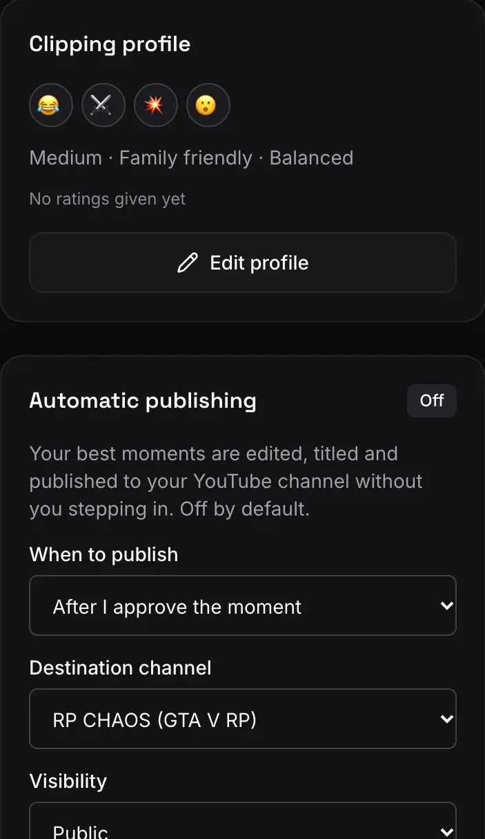 Actual screenshot of a channel's clipping profile and the YouTube auto-posting setting, off by default.