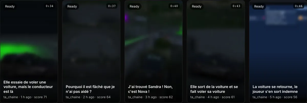Actual screenshot of the Shorts screen: vertical shorts ready to post, with their length and score.