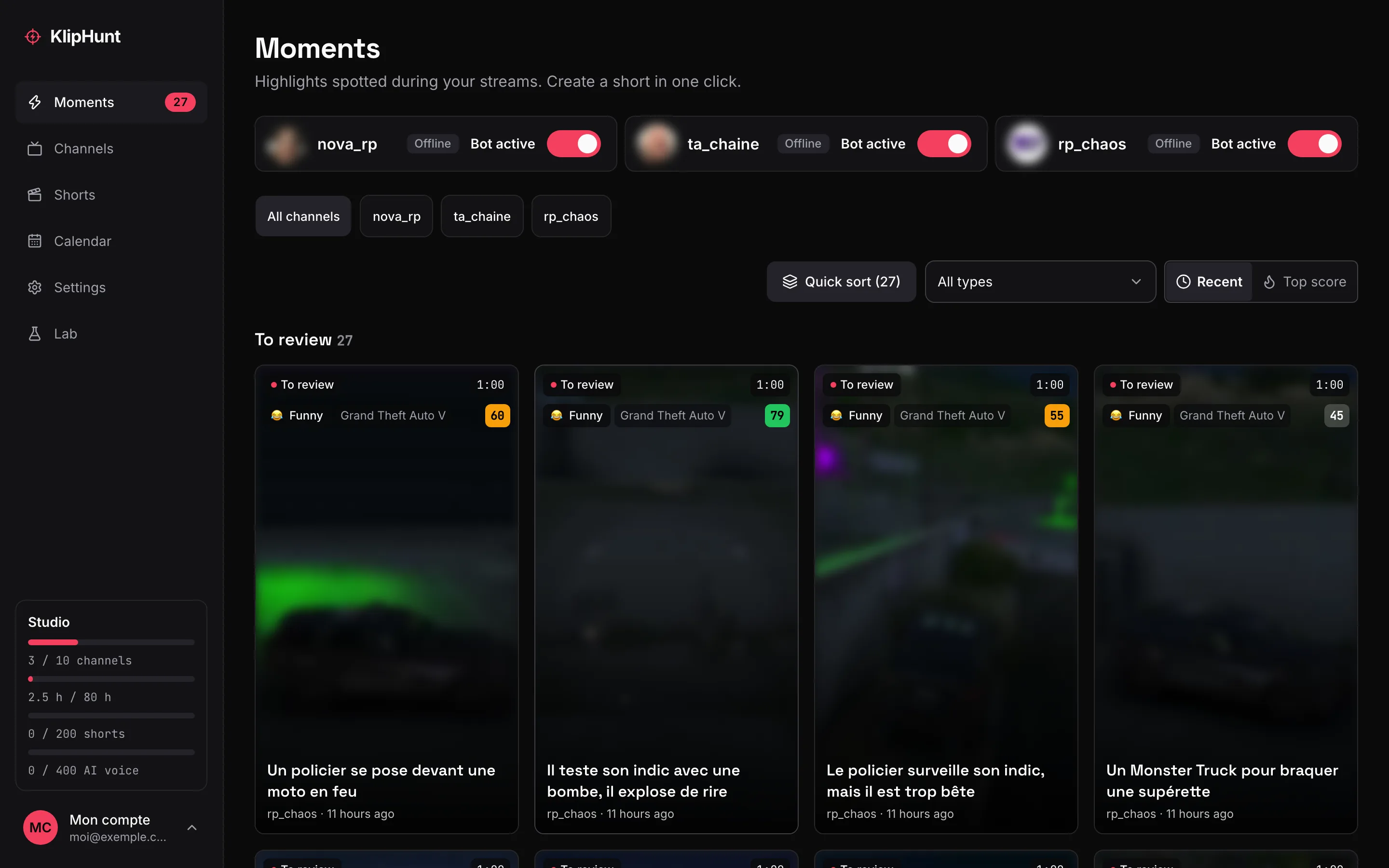 Actual screenshot of the Moments screen: three monitored channels, the filters, and moments to review with their type, game and score.