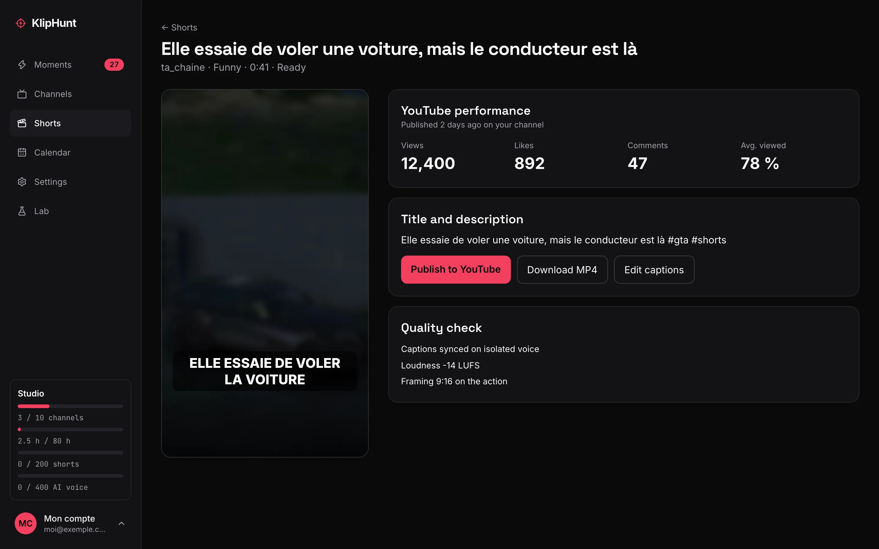Screenshot of a short's page: captioned 9:16 preview, example YouTube stats, title and description, Publish to YouTube and Download MP4 buttons, quality check.