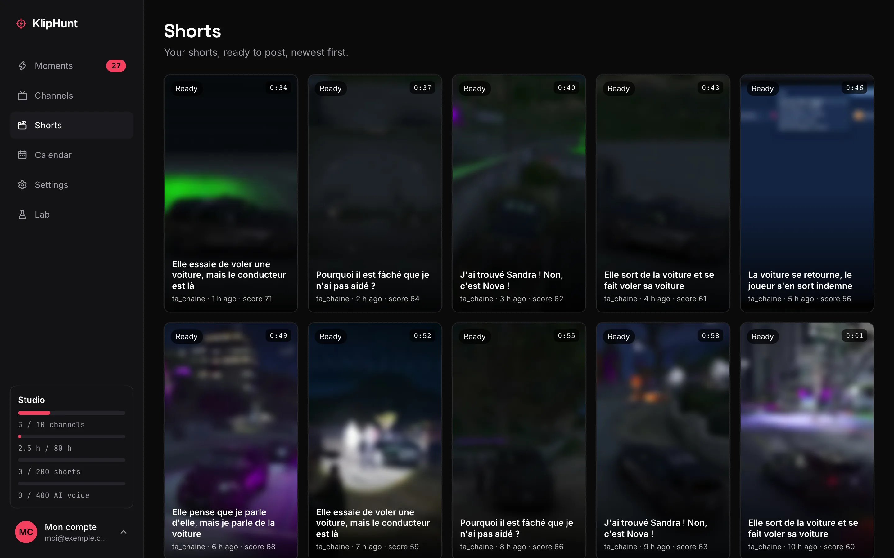 Actual screenshot of the Shorts screen: ten vertical shorts ready to post, with their title, length and score.